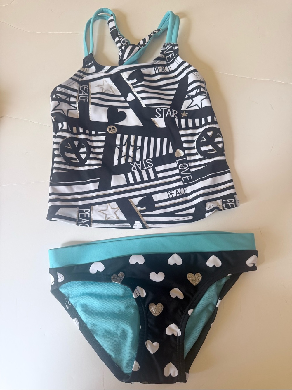 Vintage Joe Boxer Black & Aqua Girls Two-Piece Swim Set with Heart Print Girls 6